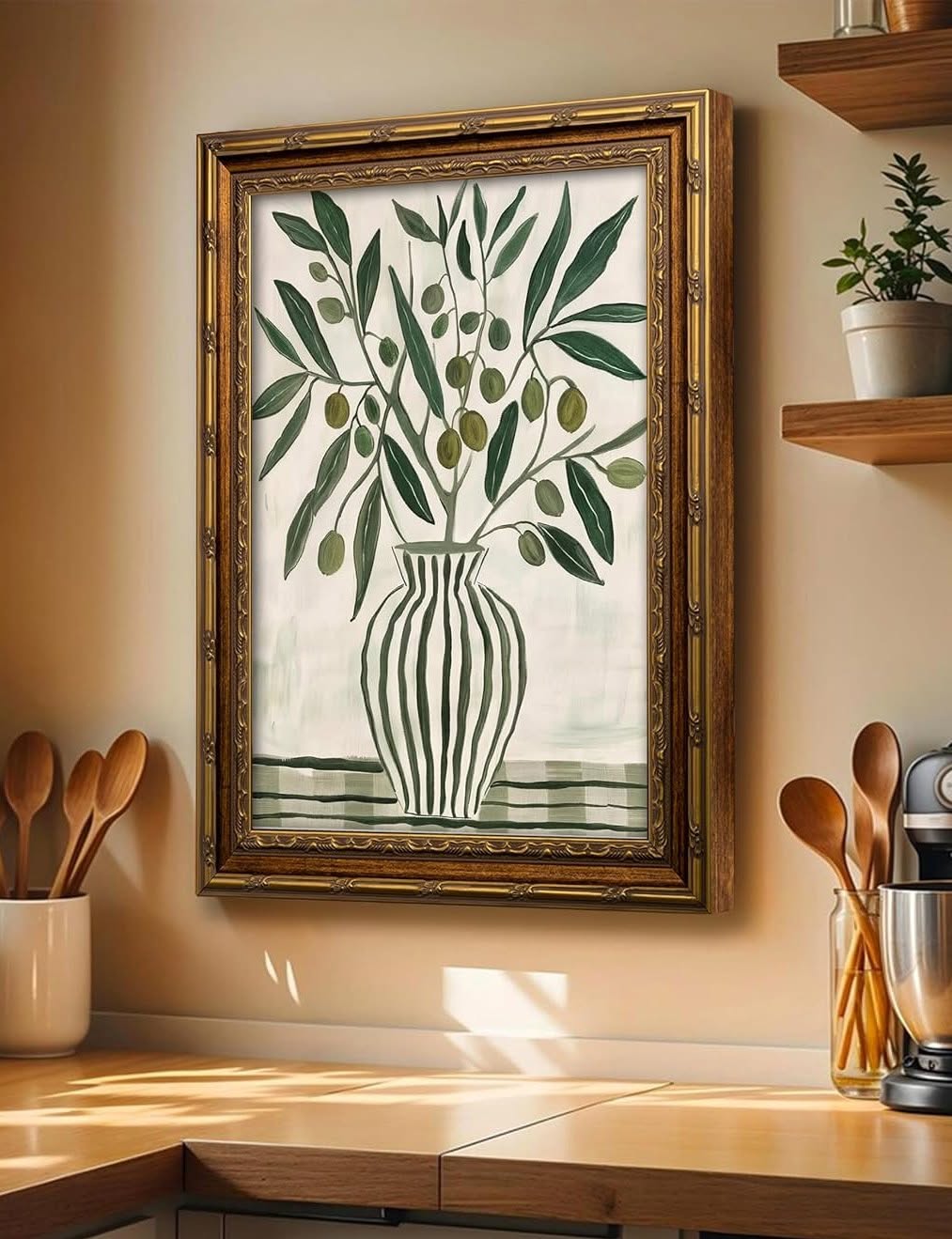 Olive plant wall print with a striped vase