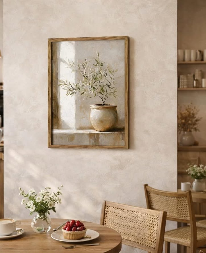 Olive tree wall print in a warm neutral interior