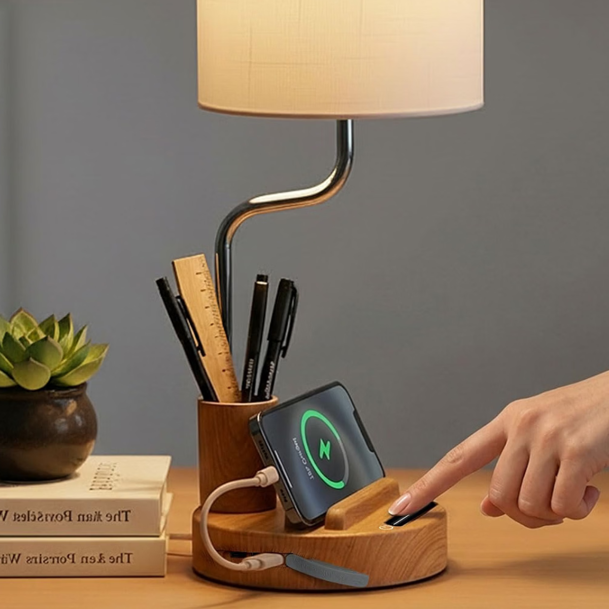 Desk lamp with built-in charging station and cord management for a clean workspace